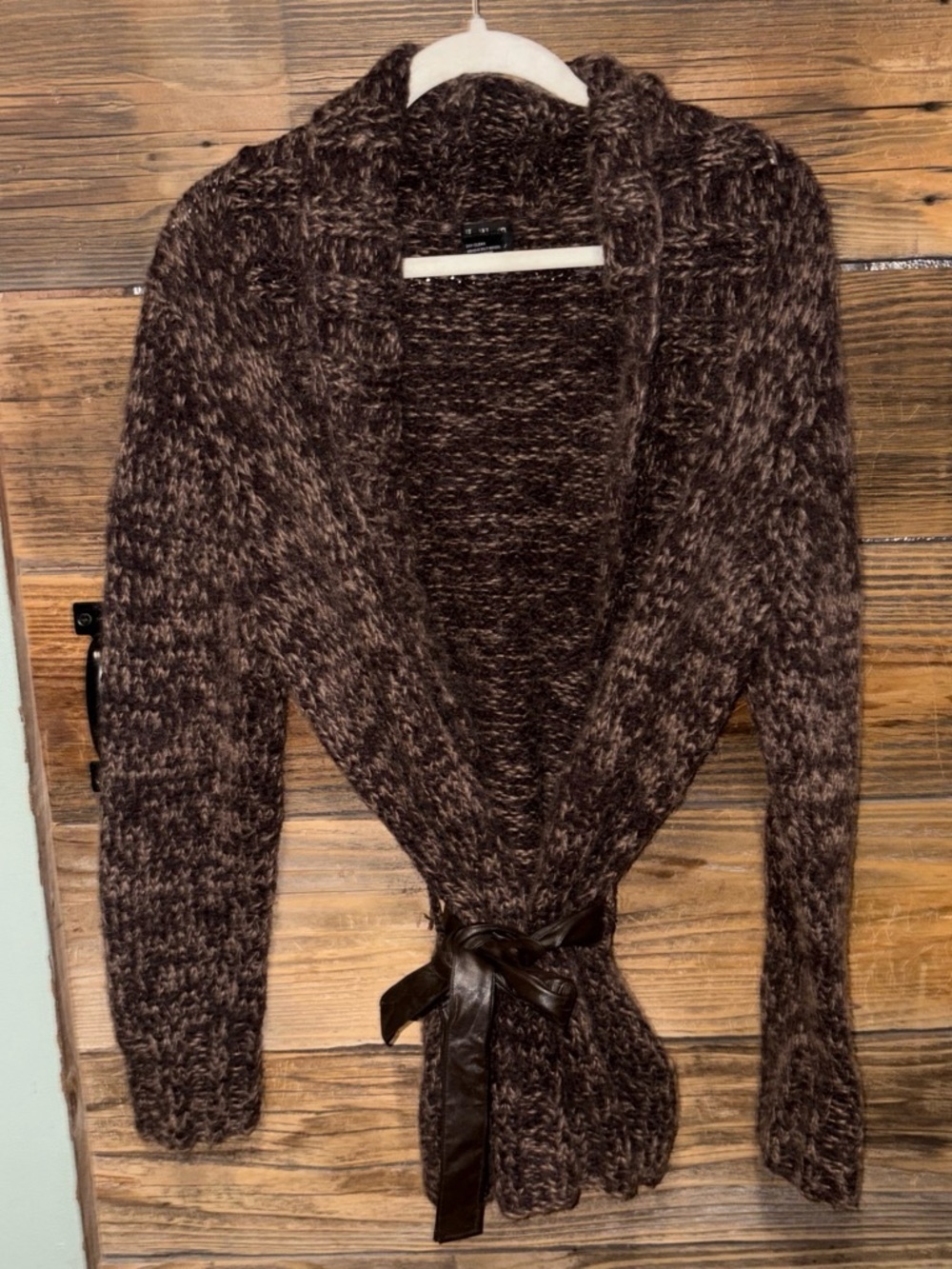 Vintage INC Chunky Brown Shawl Collar Tie-Waist Sweater 88% wool